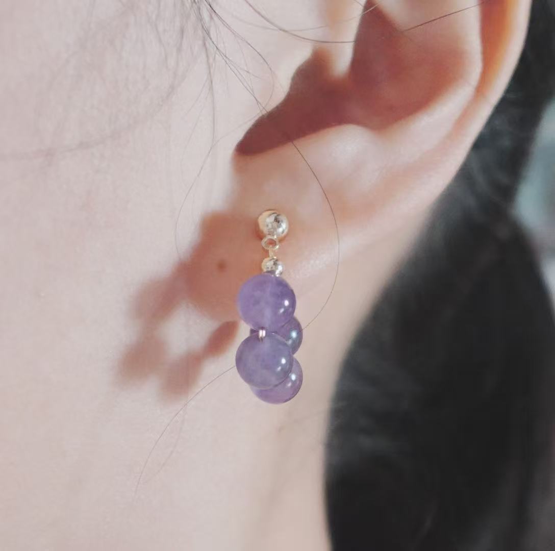 Elegant Amethyst Bead Stud Earrings featuring three purple beads for a sophisticated look