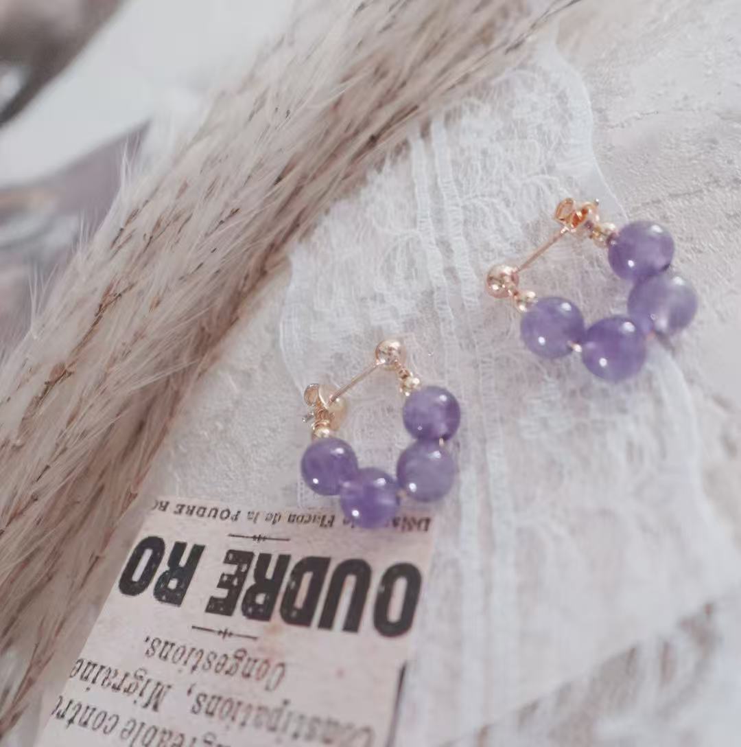 Amethyst Bead Stud Earrings with delicate gold-tone setting and soft purple hues