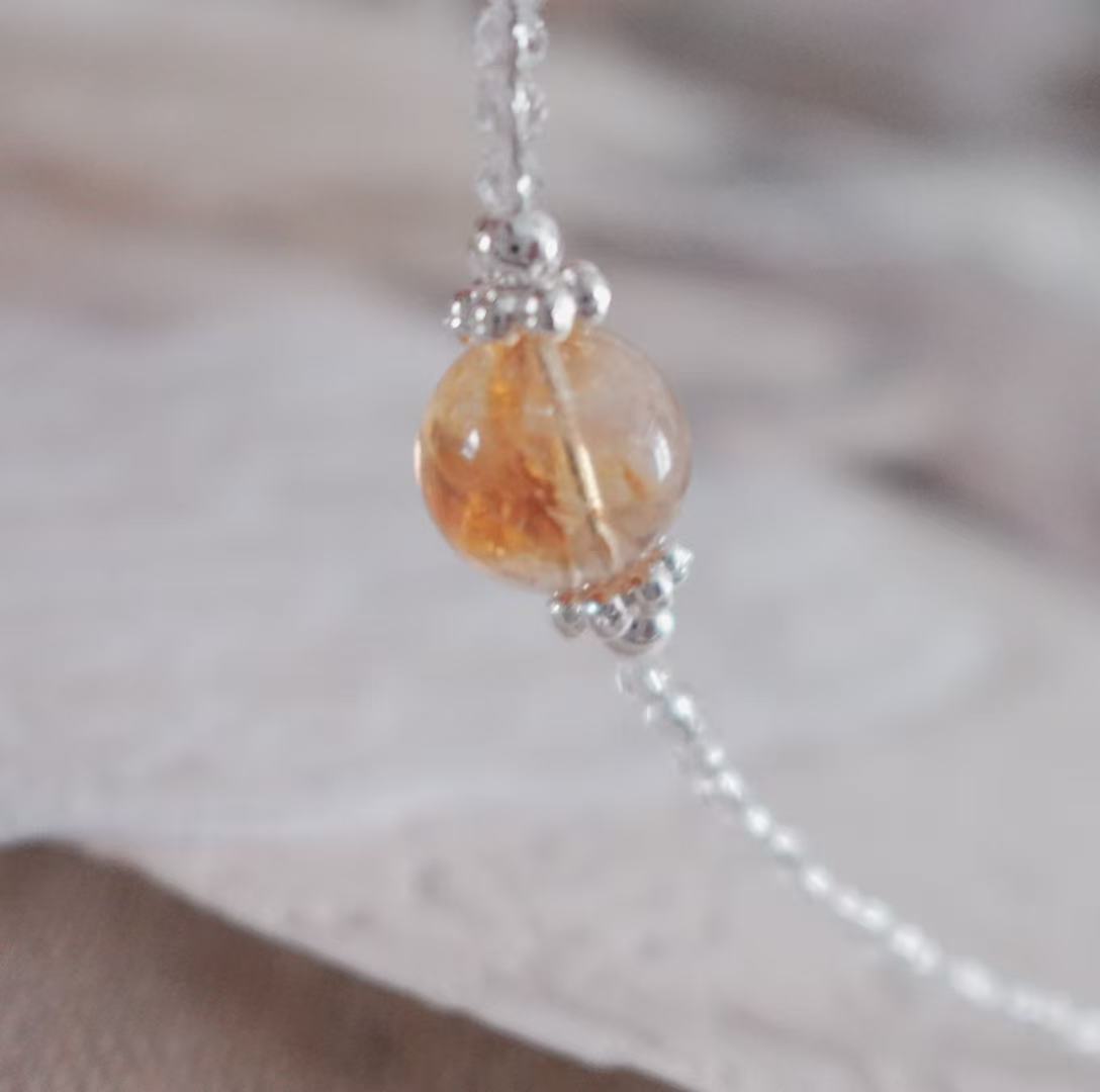Elegant Citrine Beaded Necklace with Silver Accents and Natural Crystal Detail