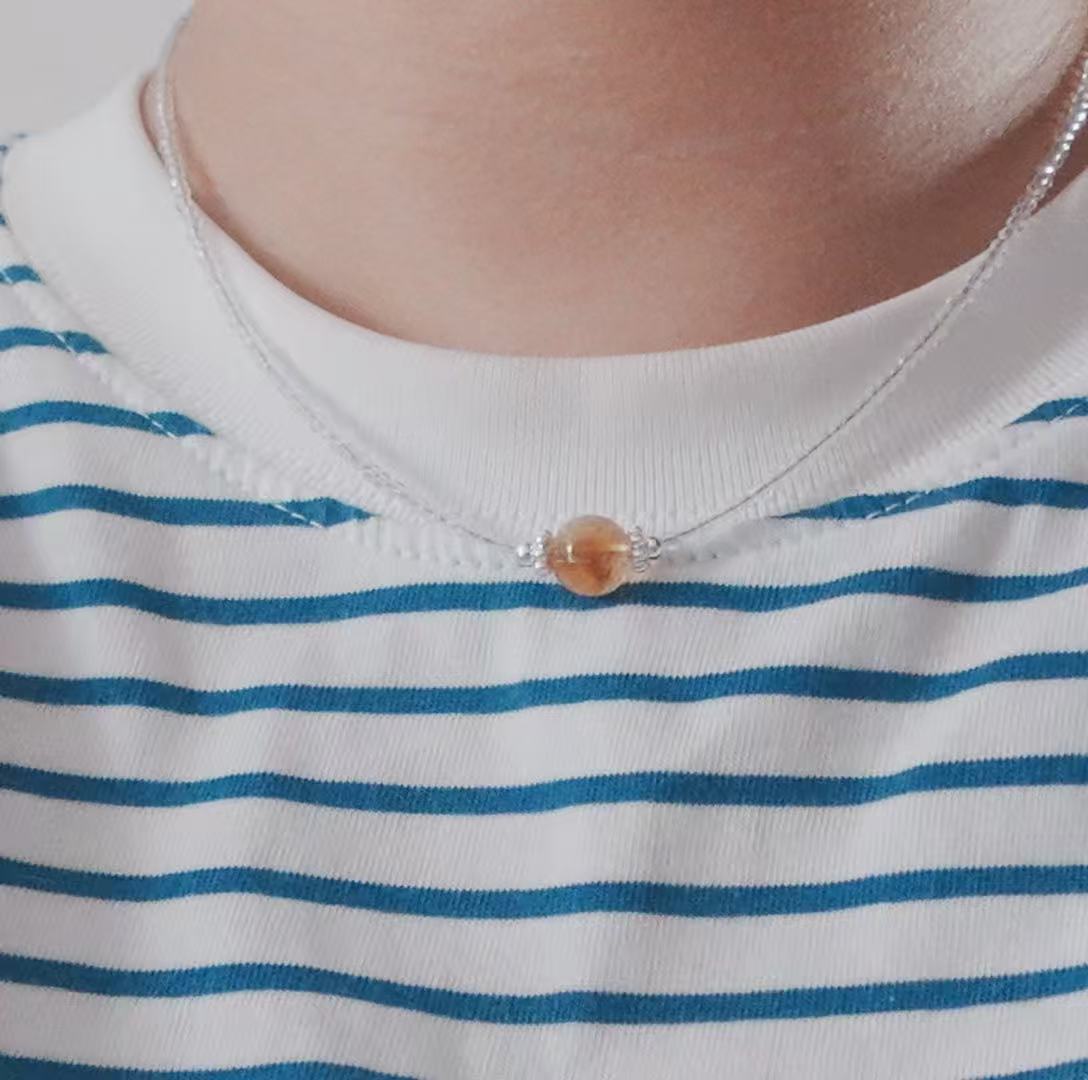 Citrine Beaded Necklace on a silver chain with a single radiant citrine bead