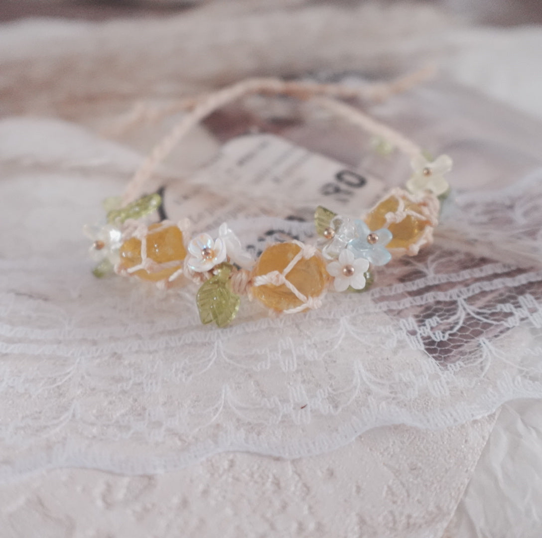 Fresh Style Yellow Citrine Woven Bracelet with Floral Accents on Delicate String Base