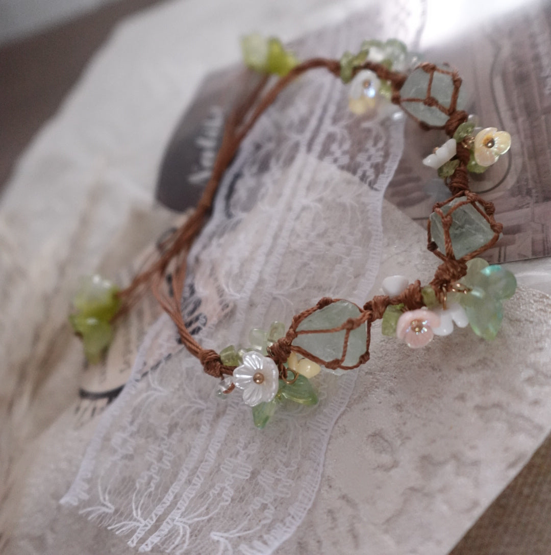 Handcrafted Green Fluorite Woven Bracelet with Floral Accents and Natural Stones
