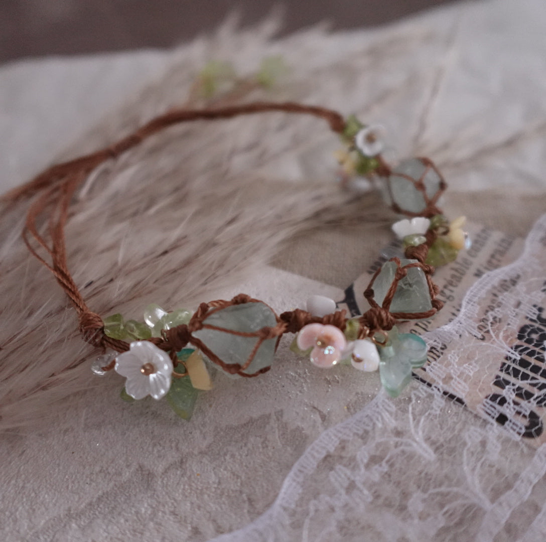 Green Fluorite Woven Bracelet with Floral Accents and Natural Stone Details for Unique Jewelry Lovers