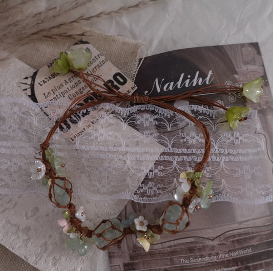 Handcrafted Green Fluorite Woven Bracelet with Natural Gemstones and Floral Accents