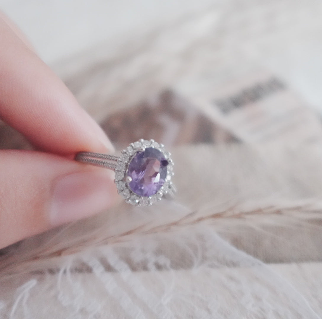 Elegant Oval Amethyst Diamond Ring with a sparkling diamond halo, perfect for special occasions