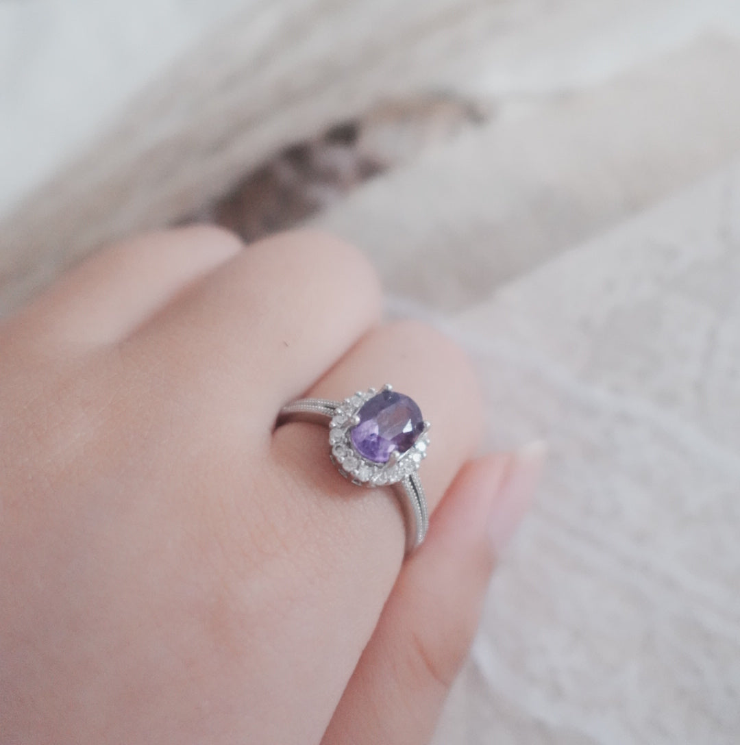 Beautiful Oval Amethyst Diamond Ring set in silver with intricate detailing and a sparkling gemstone