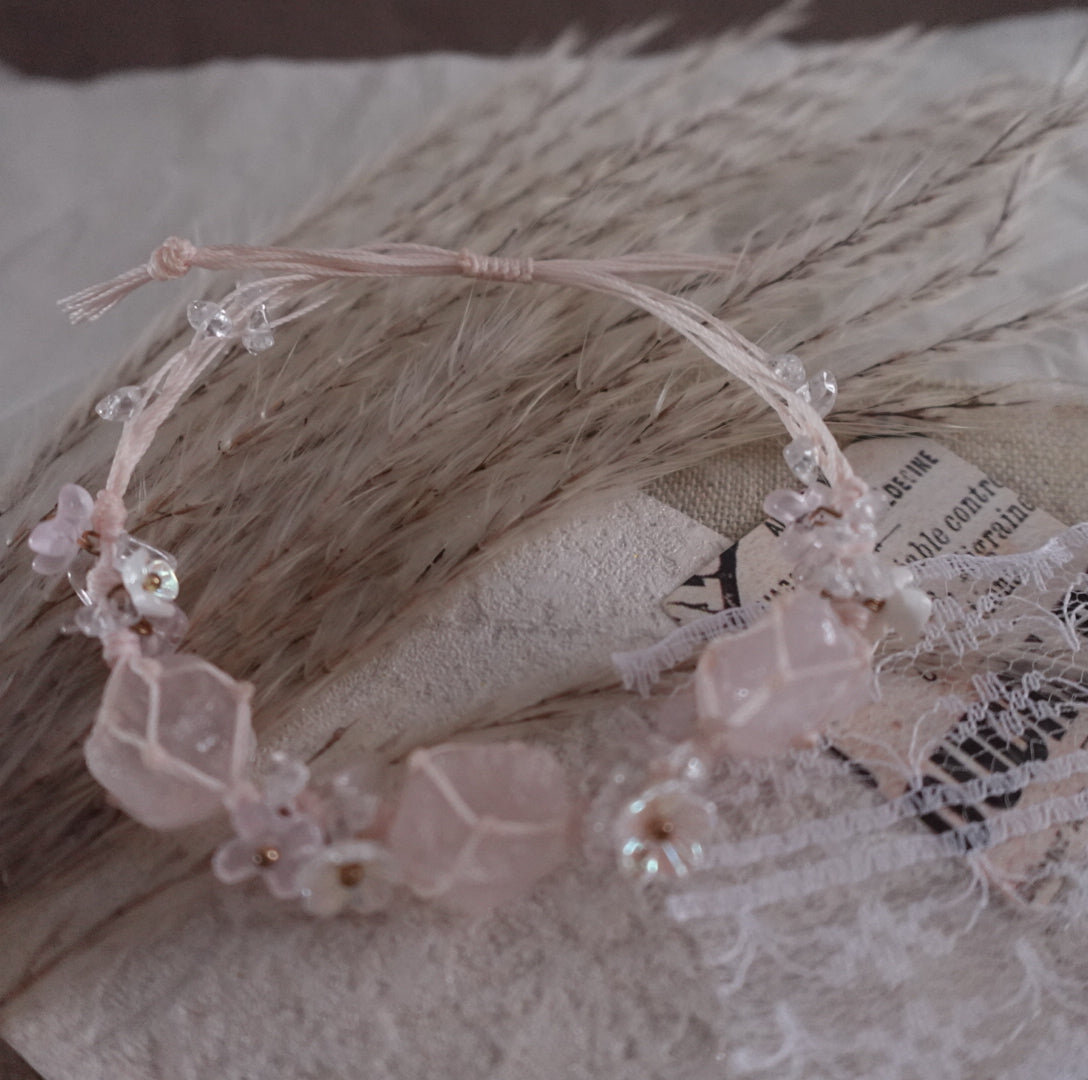 Handcrafted Rose Quartz Woven Bracelet with Floral Accents and Delicate Beading