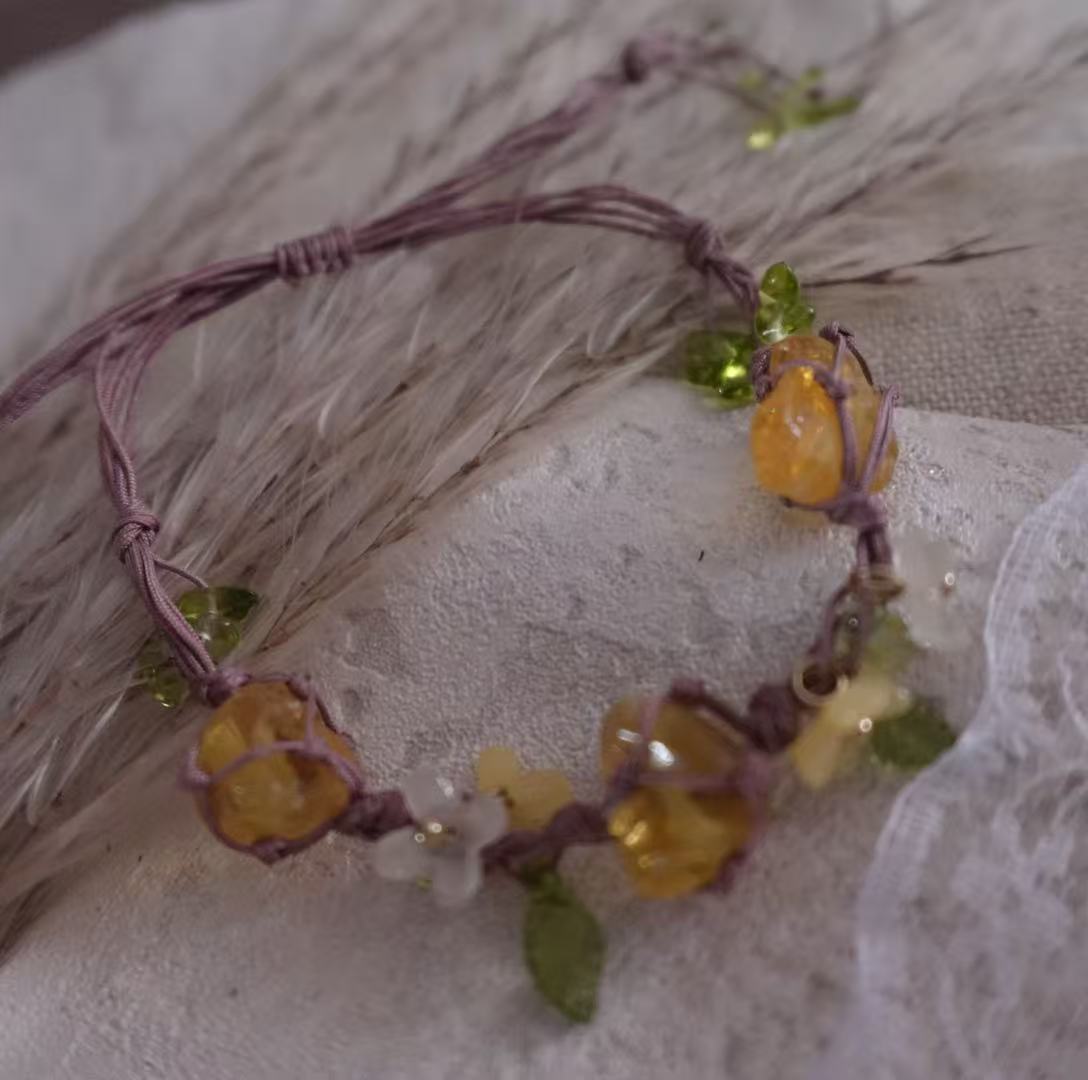 Vintage Yellow Citrine Woven Bracelet with Floral Accents and Soft Natural Twine