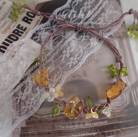 Vintage Yellow Citrine Woven Bracelet with Natural Crystals and Floral Accents for Elegant Accessories
