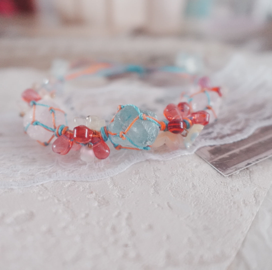 White Crystal & Blue Crystal Woven Bracelet with colorful beads and delicate design