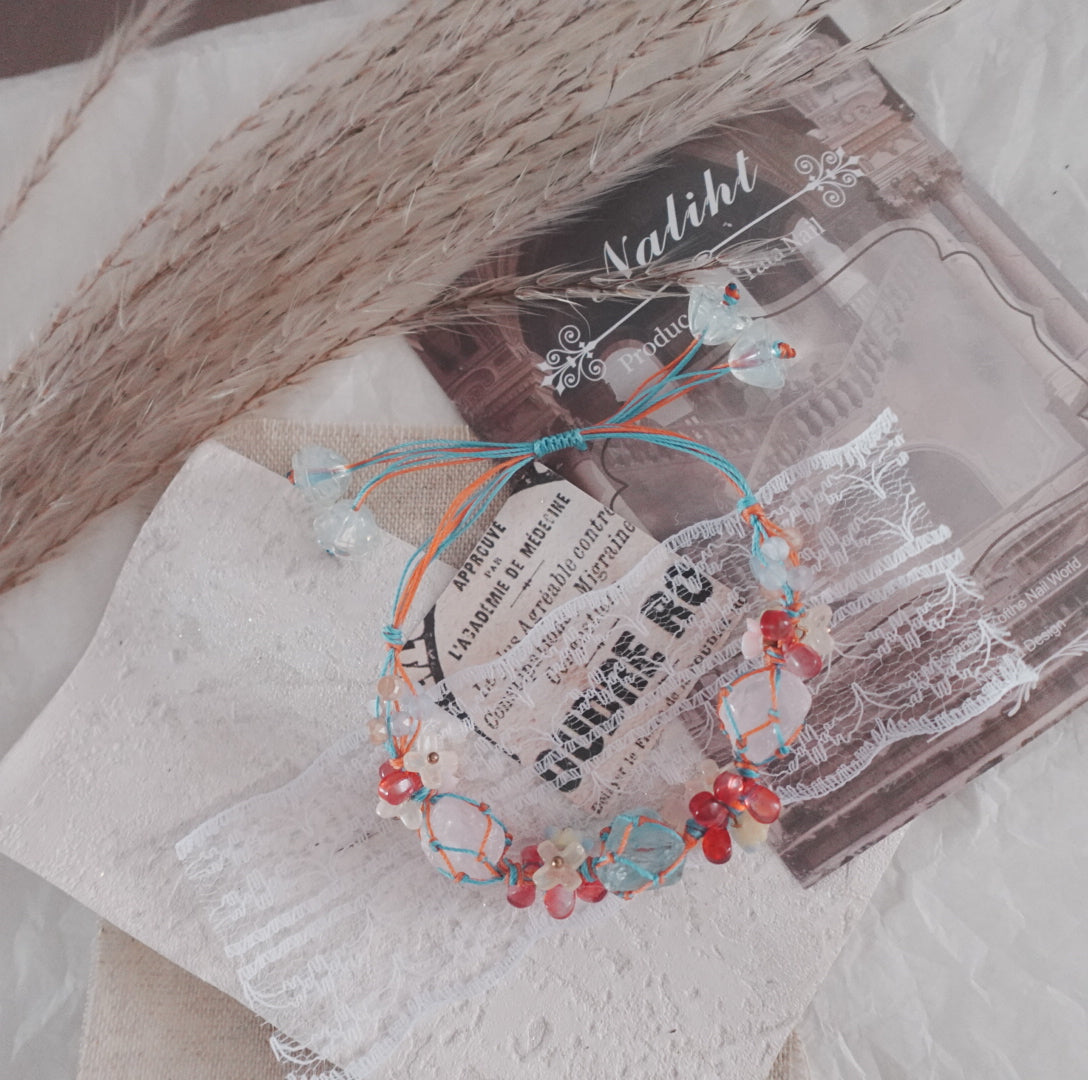 Elegant White Crystal & Blue Crystal Woven Bracelet with colorful beads for boho fashion style