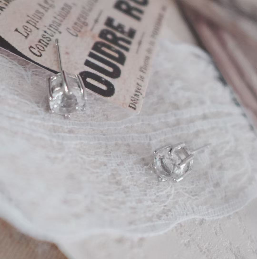 Elegant White Crystal Faceted Stud Earrings on a Lace Background with Vintage Postcard