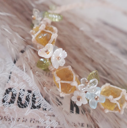 Fresh Style Yellow Citrine Woven Bracelet with Floral Accents and Natural Beads
