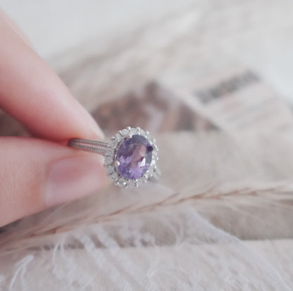 Elegant Oval Amethyst Diamond Ring with a sparkling diamond halo, perfect for special occasions