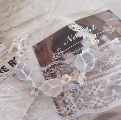 Handcrafted Rose Quartz & Blue Crystal Woven Bracelet with delicate embellishments and soft colors