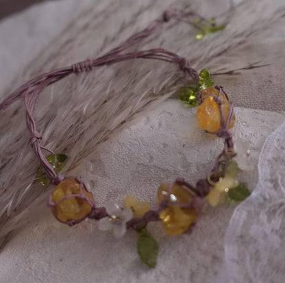 Vintage Yellow Citrine Woven Bracelet with Floral Accents and Soft Natural Twine